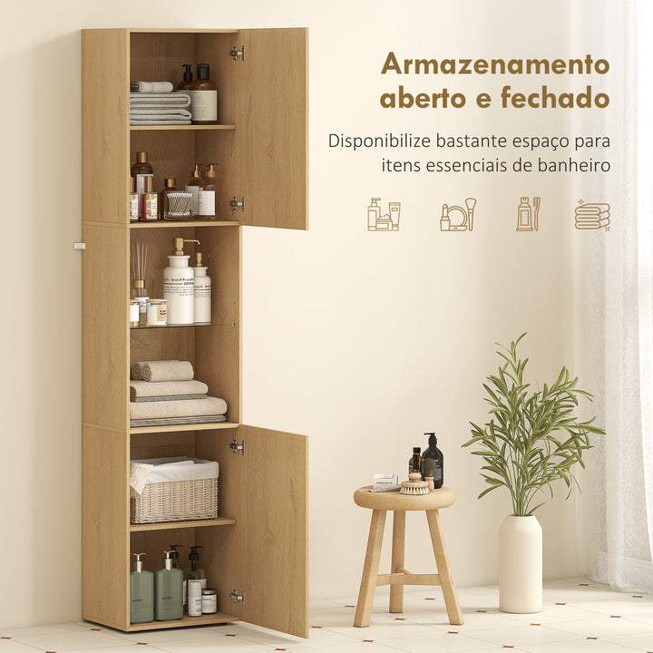 Coluna Casa de Banho Estreita Armário de Banho Alto com 6 Níveis com 2 Portas Prateleira de Vidro Temperado Prateleiras Ajustáveis 40x31x182 cm Carvalho