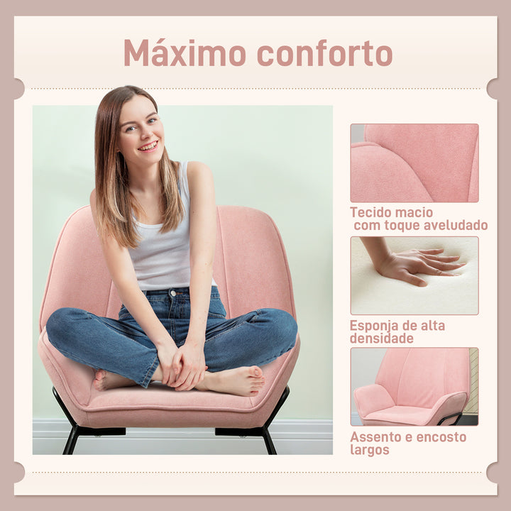 Poltrona Sala de Estar Moderna Poltrona de Leitura com Assento Largo e Acolchoado Estofada em Veludo Pés de Metal Poltrona para Dormitório 70x67,5x87 cm Rosa