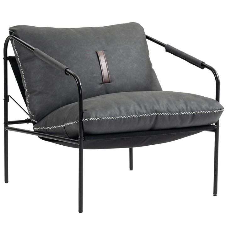 Poltrona Moderna Poltrona de Leitura Estofada em Couro Sintético Capas de Almofadas Removíveis Acolchoamento Espesso Pés de Metal para Quarto Escritório 74,5x75x77 cm Cinza Carvão