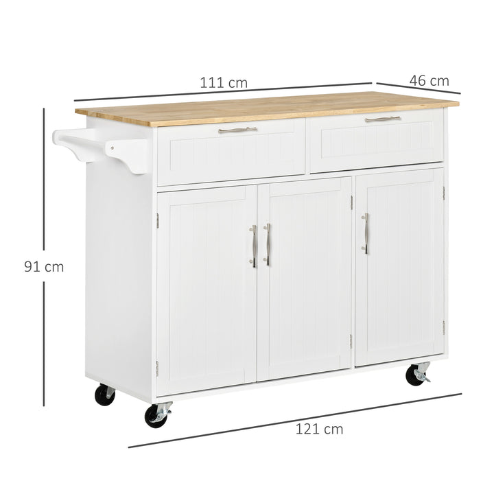 Carrinho de Cozinha com Rodas Carrinho de Cozinha Multiuso com 2 Gavetas 3 Portas Prateleiras Ajustáveis e Barra para Sala de Jantar 121x46x91cm Branco e Madeira