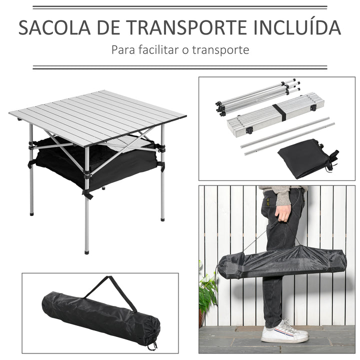 Mesa Dobrável de Campismo Mesa de Piquenique com Armazenamento e Bolsa de Transporte 70x70x69 cm Prata e Preto