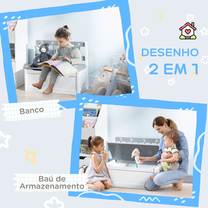 Baú Infantil 2 em 1 Organizador de Brinquedos para Crianças acima de 18 Meses Banco de Armazenamento Infantil com Tampa para Dormitório Sala de Jogos Carga 50kg 60x30x50cm Branco e Cinza