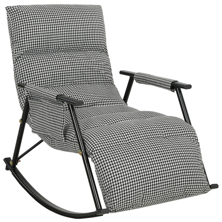 Poltrona Baloiço com Encosto e Apoia-Pés Ajustáveis Poltrona Baloiço 105° Estofada em Linho com Bolso Lateral e Estrutura de Metal Suporta 120 kg para Quarto Sala Preto e Branco