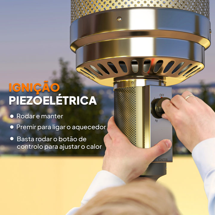 Aquecedor a Gás Butano 13 KW Aquecedor de Exterior a Gás Portátil com Temperatura Ajustável Proteção Contra Tombos Ignição Piezoelétrica e Rodas Adequado para Butano e Propano 82x82x222 cm Cinzento