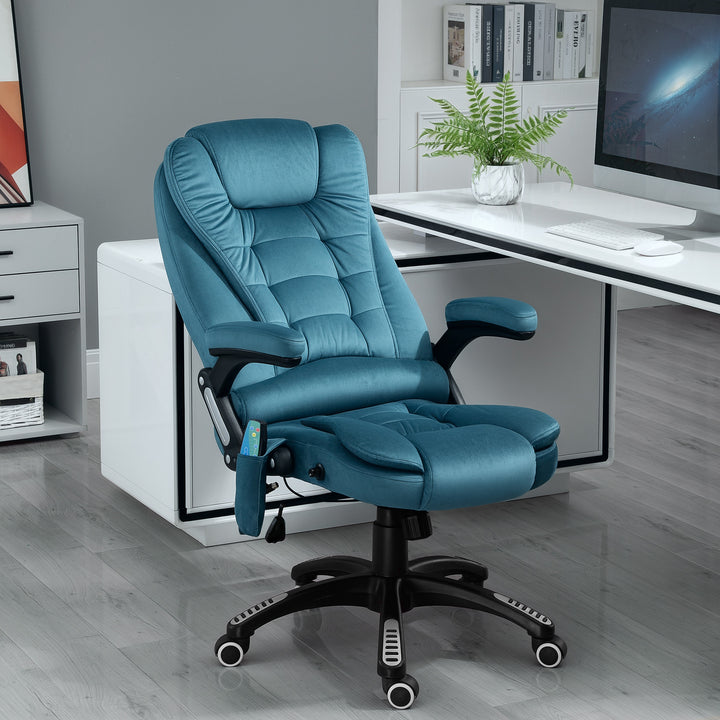 Cadeira de Massagem com 6 Pontos de Massagem Cadeira de Escritório Reclinável até 130° com Função de Aquecimento Altura Ajustável e Rodas para Estúdio 68x72x110-120 cm Azul