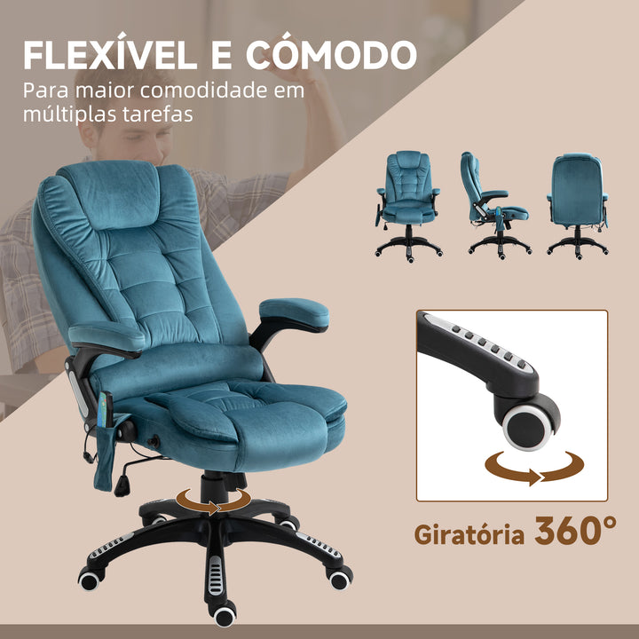 Cadeira de Massagem com 6 Pontos de Massagem Cadeira de Escritório Reclinável até 130° com Função de Aquecimento Altura Ajustável e Rodas para Estúdio 68x72x110-120 cm Azul