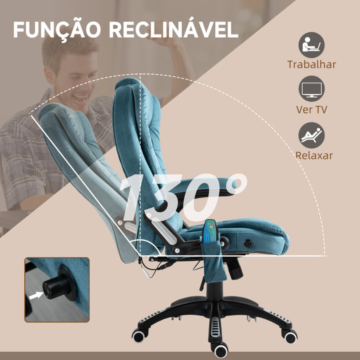 Cadeira de Massagem com 6 Pontos de Massagem Cadeira de Escritório Reclinável até 130° com Função de Aquecimento Altura Ajustável e Rodas para Estúdio 68x72x110-120 cm Azul