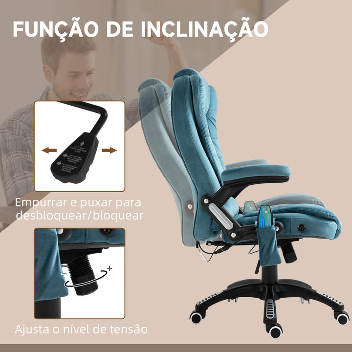 Cadeira de Massagem com 6 Pontos de Massagem Cadeira de Escritório Reclinável até 130° com Função de Aquecimento Altura Ajustável e Rodas para Estúdio 68x72x110-120 cm Azul