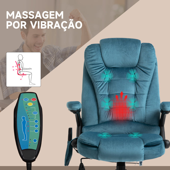 Cadeira de Massagem com 6 Pontos de Massagem Cadeira de Escritório Reclinável até 130° com Função de Aquecimento Altura Ajustável e Rodas para Estúdio 68x72x110-120 cm Azul