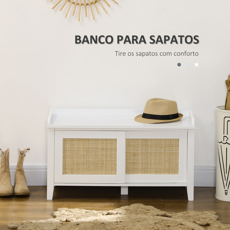 Banco Sapateira Móvel Sapateira com Banco 2 Portas de Vime Estilo Boémio Carga Máxima 130 kg para Corredor Entrada 80x35x45 cm Branco e Bege