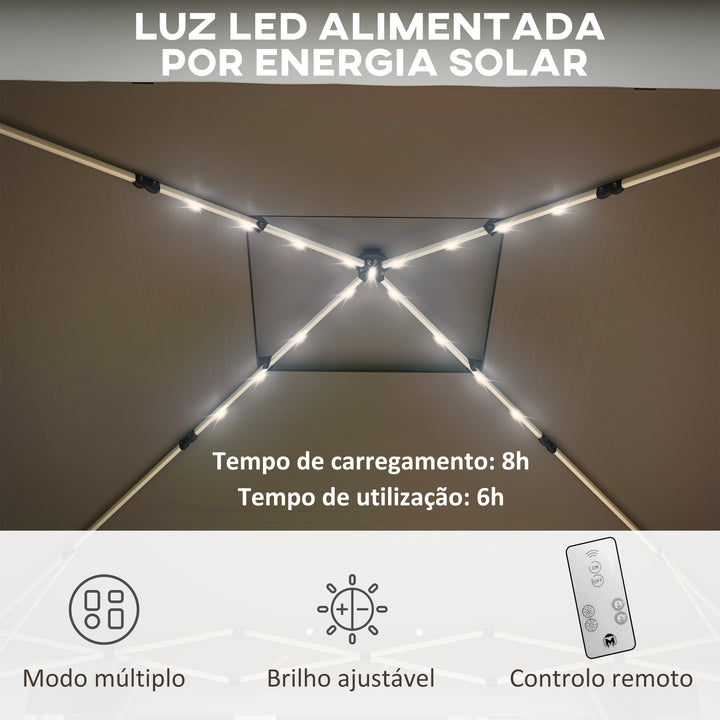 Tenda Dobrável 336x336 cm Tenda de Jardim com Teto Duplo 4 Paredes Laterais 20 Luzes LED Solares Altura Ajustável Controlo Remoto e Bolsa de Transporte para Jardim Pátio Festas Cinza