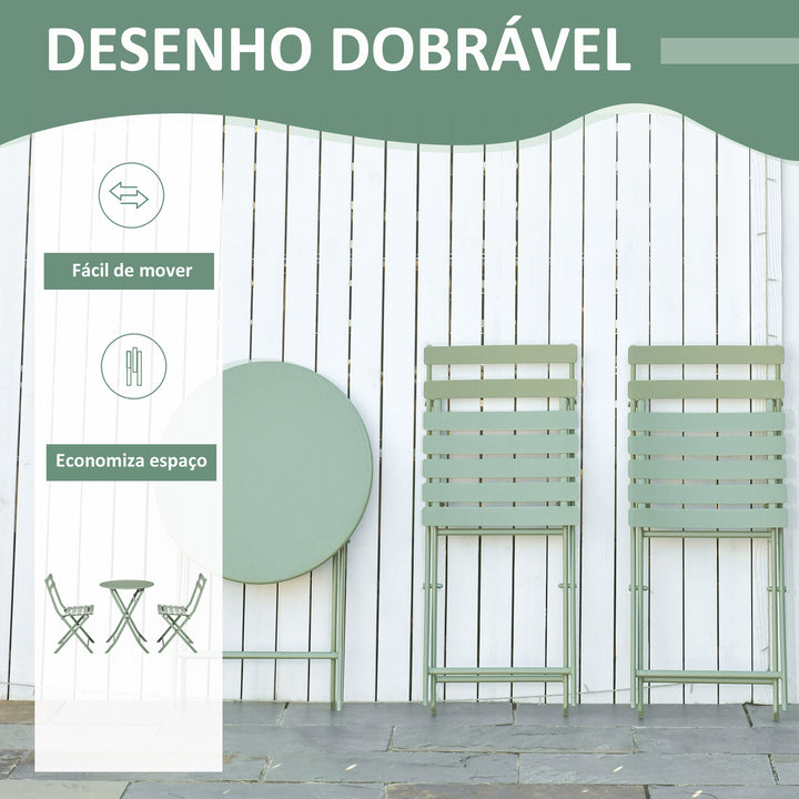 Conjunto de Móveis de Jardim Dobráveis Conjunto de 1 Mesa Redonda e 2 Cadeiras de Varanda com Estrutura de Aço para Pátio Verde Escuro