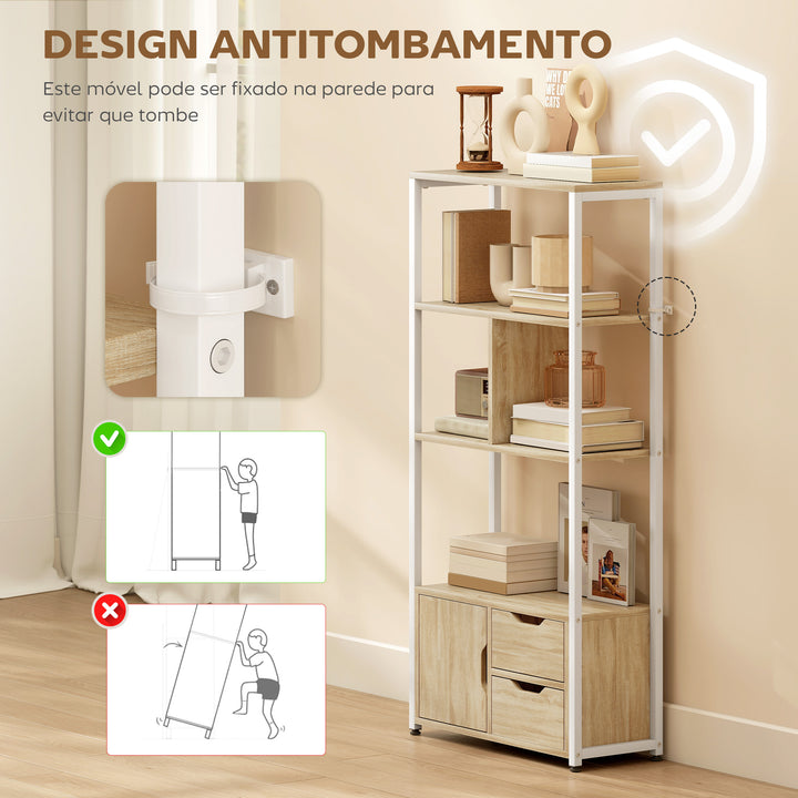 Estante para Livros com Armário e 2 Gavetas de Armazenamento Estante Decorativa Escritório Sala de Estar 58x24x122 cm Madeira e Branco