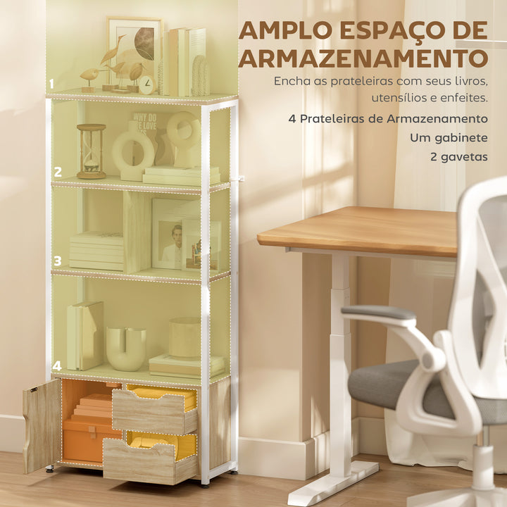 Estante para Livros com Armário e 2 Gavetas de Armazenamento Estante Decorativa Escritório Sala de Estar 58x24x122 cm Madeira e Branco