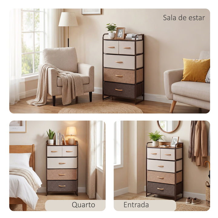 Cómoda de Tecido com 5 Cestos Removíveis e Dobráveis Base Elevada Móvel de Armazenamento para Dormitório Sala de Estar 58x29x99cm Multicor