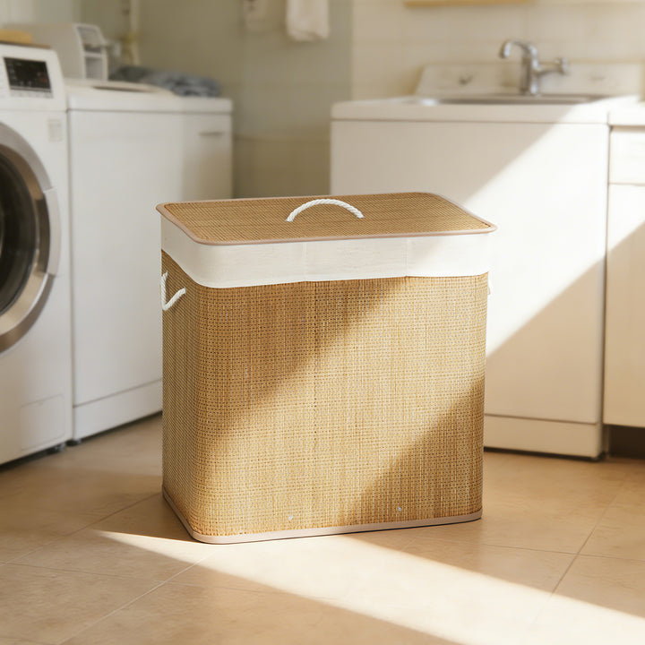 Cesto de Roupa Suja com Tampa 144L Cesto de Roupa Suja de Bambu com 3 Compartimentos Bolsa Interior Removível e Lavável Pegas para Lavandaria Quarto 60x40x60 cm Castanho