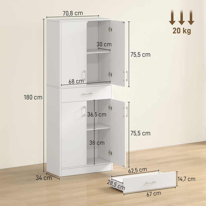 Armário de Cozinha Móvel de Cozinha com 4 Portas 1 Gaveta e Prateleiras Ajustáveis Anti-Tombo Armário de Cozinha Moderno para Sala de Jantar Sala de Estar 70,8x34x180 cm Branco