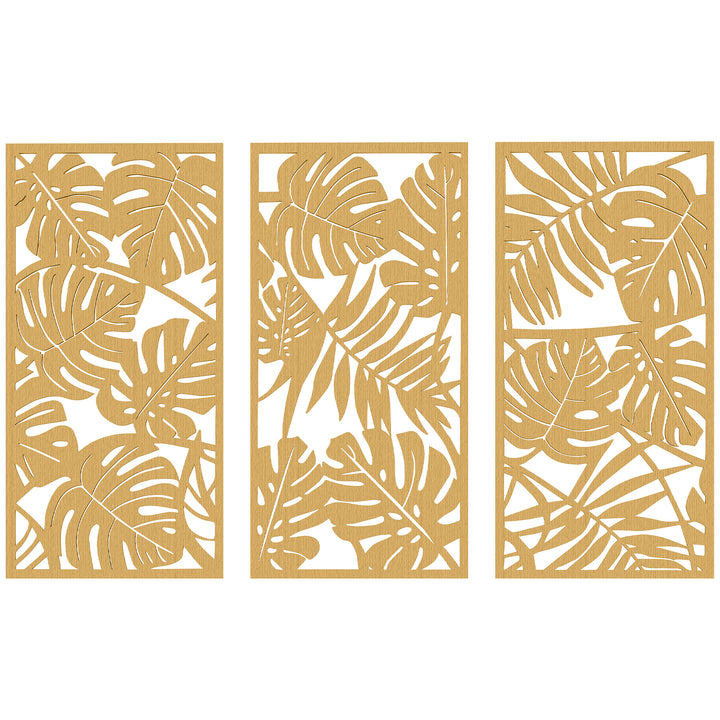 Decoração de Parede de Madeira 3D 3 Peças 40x80 cm Adornos de Parede com Padrão de Folhas Tropicais Arte Moderna para Sala Quarto Corredor Madeira Natural