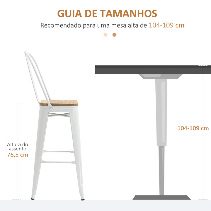 Conjunto de 4 Bancos Altos de Cozinha Empilháveis com Encosto Alto Bancos de Bar com Apoio para os Pés Assento de Madeira e Estrutura de Aço Carga 120 kg 44x53x116 cm Branco