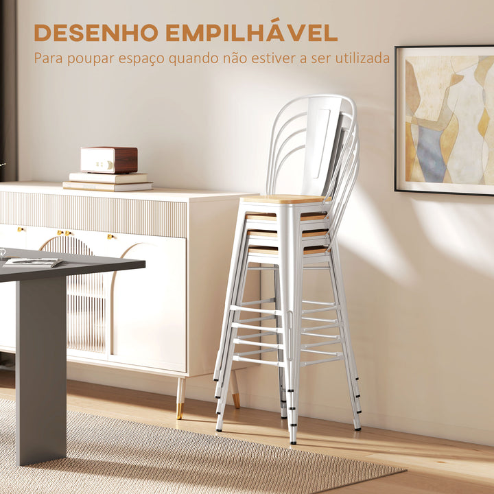 Conjunto de 4 Bancos Altos de Cozinha Empilháveis com Encosto Alto Bancos de Bar com Apoio para os Pés Assento de Madeira e Estrutura de Aço Carga 120 kg 44x53x116 cm Branco