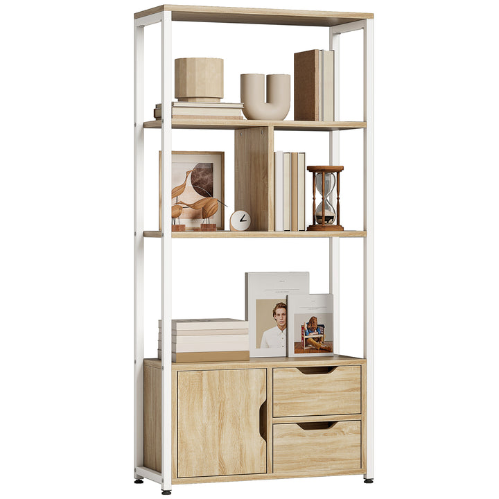 Estante para Livros com Armário e 2 Gavetas de Armazenamento Estante Decorativa Escritório Sala de Estar 58x24x122 cm Madeira e Branco
