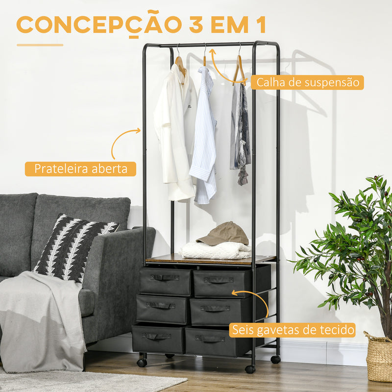 Cabideiro para Roupa com Rodas Cabideiro para Entrada com 6 Gavetas de Tecido Barra para Pendurar para Corredor Quarto Sala de Estar 63,5x40x172,5 cm Castanho Rústico