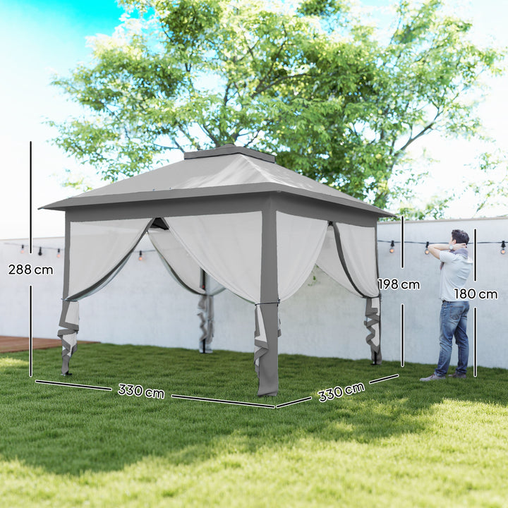 Tenda Dobrável Exterior 3,3x3,3 m com Altura Ajustável Tenda de Jardim com Teto Duplo 4 Mosquiteiras Removíveis e Bolsa de Transporte para Acampamento Festas Cinza