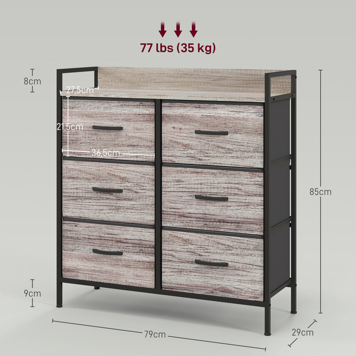 Cómoda com 6 Gavetas Dobráveis Cómoda de Tecido com Estrutura de Aço Estilo Industrial Cómoda para Quarto Corredor 79x29x85 cm Cinzento