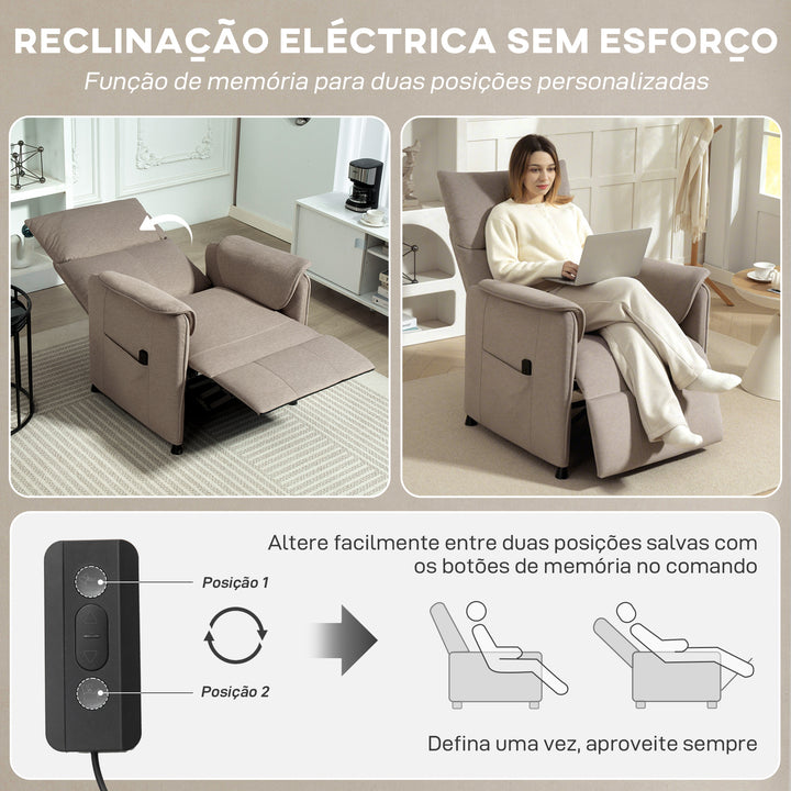 Poltrona Relax Reclinável Elétrica Poltrona Reclinável Silenciosa com Função Memória Apoio para Pés Controlo Remoto e Bolsos Laterais para Dormitório Sala de Estar 80x83x104 cm Marrom