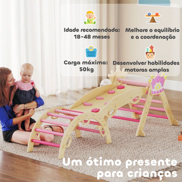 Conjunto de Escalada em Madeira Estrutura Montessori de Escalada Tema de Coroa com Arco e Rampa para Deslizar ou Escalar para Crianças de 18-48 Meses Interior Rosa