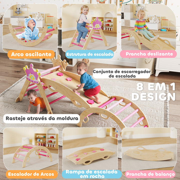 Conjunto de Escalada em Madeira Estrutura Montessori de Escalada Tema de Coroa com Arco e Rampa para Deslizar ou Escalar para Crianças de 18-48 Meses Interior Rosa
