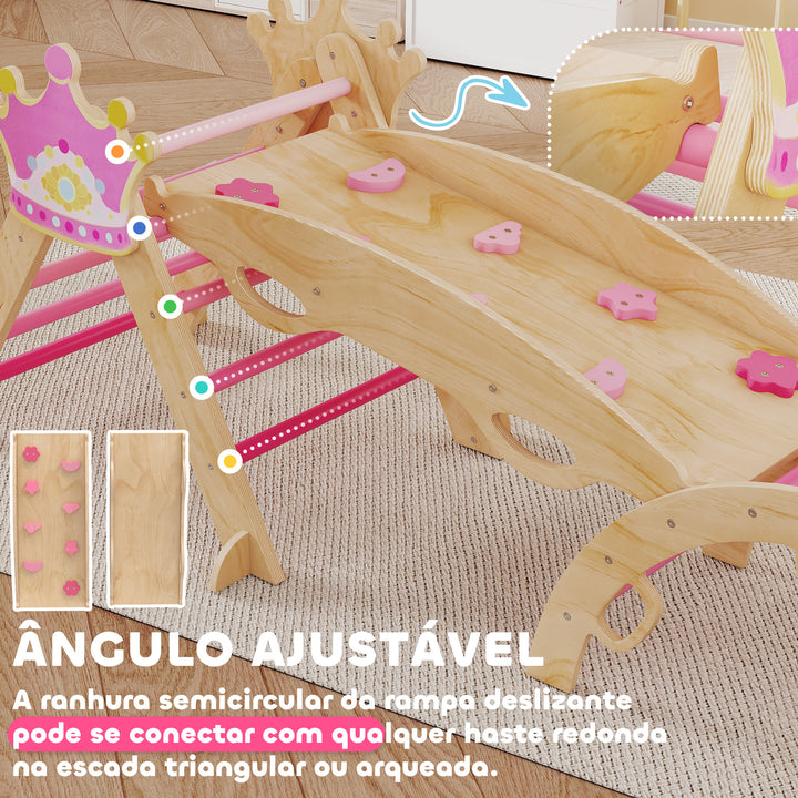 Conjunto de Escalada em Madeira Estrutura Montessori de Escalada Tema de Coroa com Arco e Rampa para Deslizar ou Escalar para Crianças de 18-48 Meses Interior Rosa