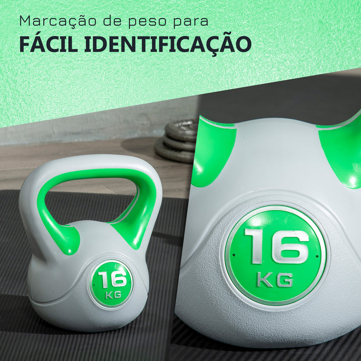 Kettlebell 16 kg Peso Russo com Revestimento de PU e Enchimento de Areia para Treinamento em Casa Ginásio 26x18x32 cm Verde e Cinza