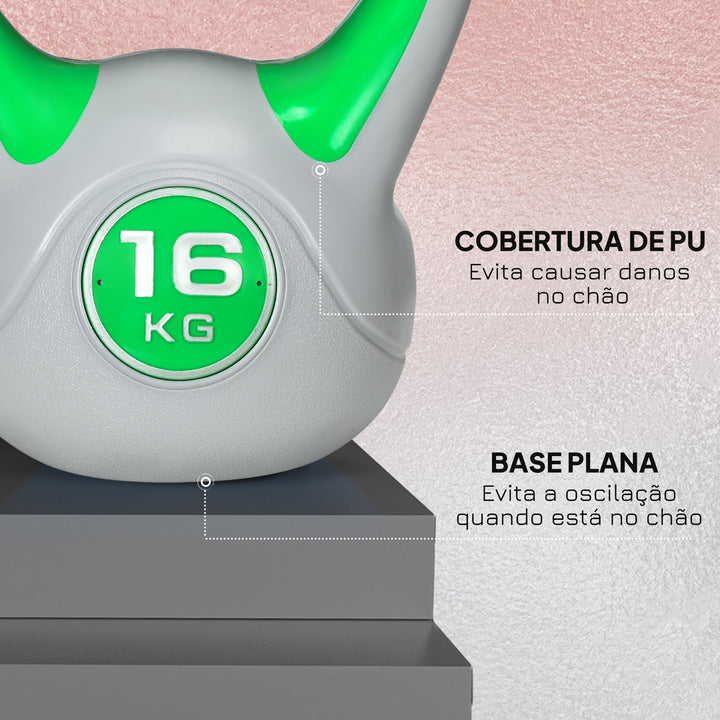 Kettlebell 16 kg Peso Russo com Revestimento de PU e Enchimento de Areia para Treinamento em Casa Ginásio 26x18x32 cm Verde e Cinza