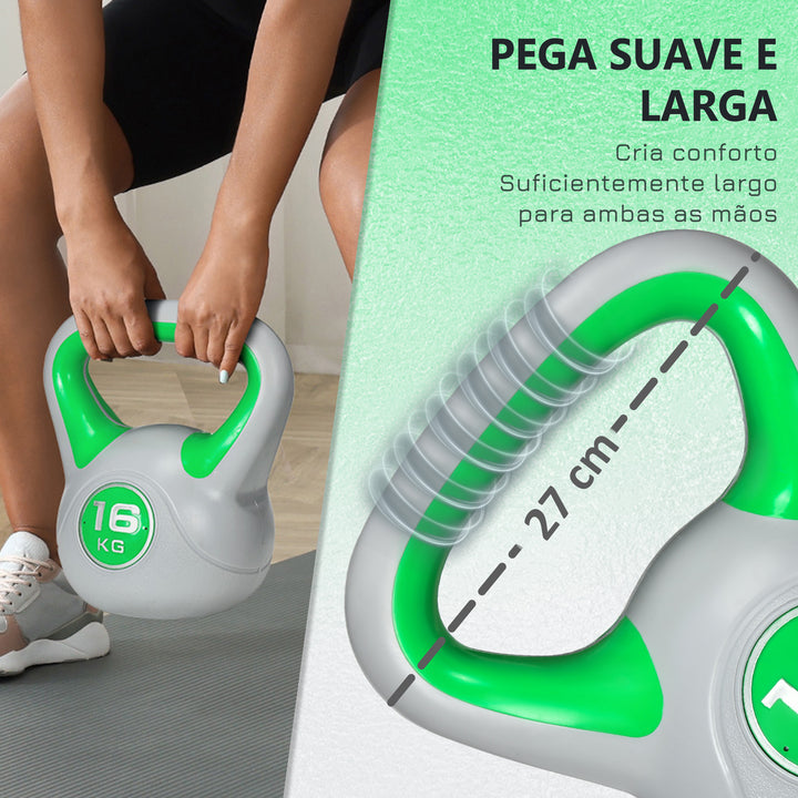 Kettlebell 16 kg Peso Russo com Revestimento de PU e Enchimento de Areia para Treinamento em Casa Ginásio 26x18x32 cm Verde e Cinza