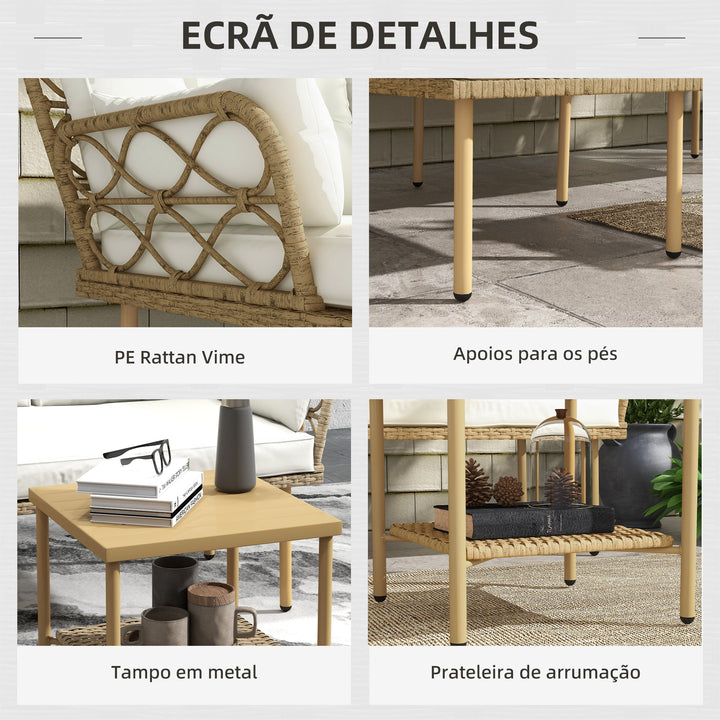 Conjunto de Jardim de 3 Peças em Vime Sintético Móveis de Jardim com 1 Sofá de 2 Lugares 1 Sofá de Canto e 1 Mesa de Centro Metálica para Pátio Natural e Creme