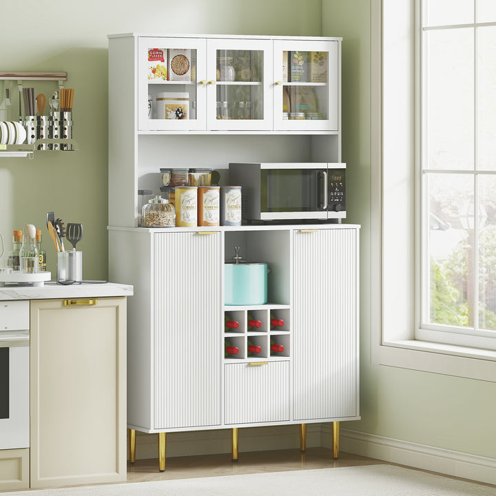 Armário de Cozinha Móvel Auxiliar de Cozinha Armário Alto com 3 Portas de Vidro Suporte para Garrafas Gaveta Prateleiras Ajustáveis e Compartimentos Abertos 100x40x180 cm Branco