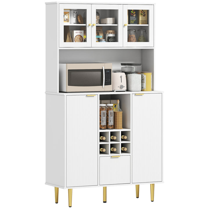 Armário de Cozinha Móvel Auxiliar de Cozinha Armário Alto com 3 Portas de Vidro Suporte para Garrafas Gaveta Prateleiras Ajustáveis e Compartimentos Abertos 100x40x180 cm Branco