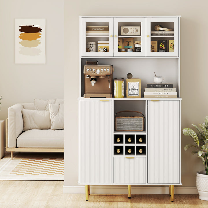 Armário de Cozinha Móvel Auxiliar de Cozinha Armário Alto com 3 Portas de Vidro Suporte para Garrafas Gaveta Prateleiras Ajustáveis e Compartimentos Abertos 100x40x180 cm Branco