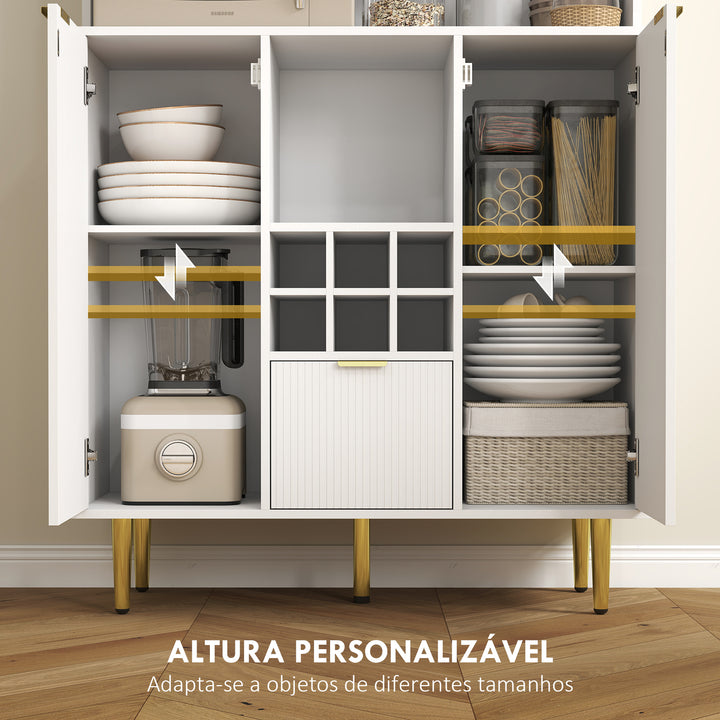 Armário de Cozinha Móvel Auxiliar de Cozinha Armário Alto com 3 Portas de Vidro Suporte para Garrafas Gaveta Prateleiras Ajustáveis e Compartimentos Abertos 100x40x180 cm Branco