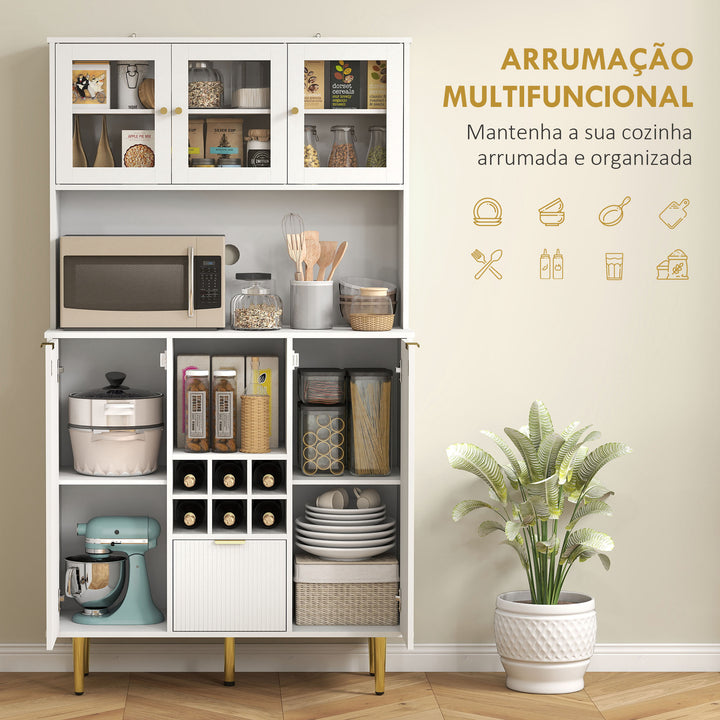 Armário de Cozinha Móvel Auxiliar de Cozinha Armário Alto com 3 Portas de Vidro Suporte para Garrafas Gaveta Prateleiras Ajustáveis e Compartimentos Abertos 100x40x180 cm Branco