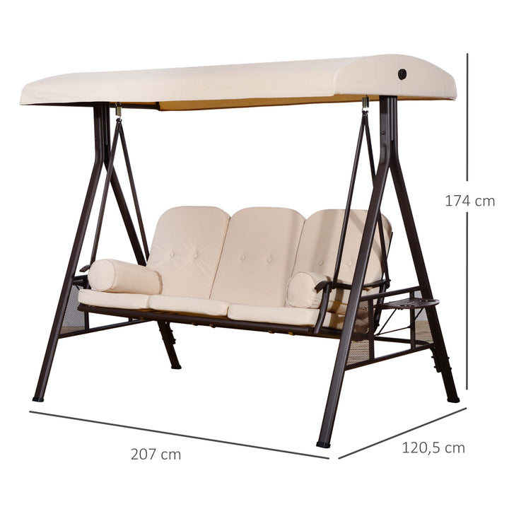 Cadeira de Balanço Jardím 3 Lugares com Teto Bandeja para Bebida Aço - Bege- 120.5x207x174cm