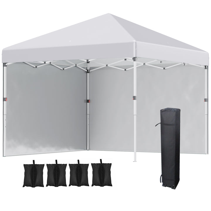 Tenda Dobrável Pop-up 297x297x288 cm Tenda para Eventos com 2 Paredes Laterais Anti-UV Altura Ajustável em 3 Níveis Sacos de Areia e Bolsa de Transporte com Rodas para Campismo Festas Branco