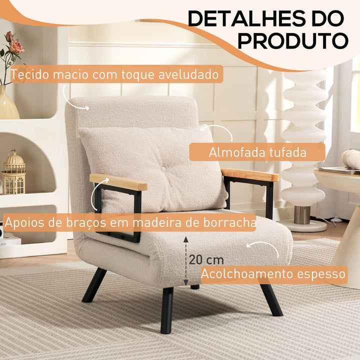 Poltrona Convertível em Cama Dobrável Poltrona 3 em 1 Convertível em Cama com Encosto Ajustável em 5 Níveis e Almofada Acolchoada para Escritório Sala de Estar Carga 120 kg 63x73x81 cm Bege