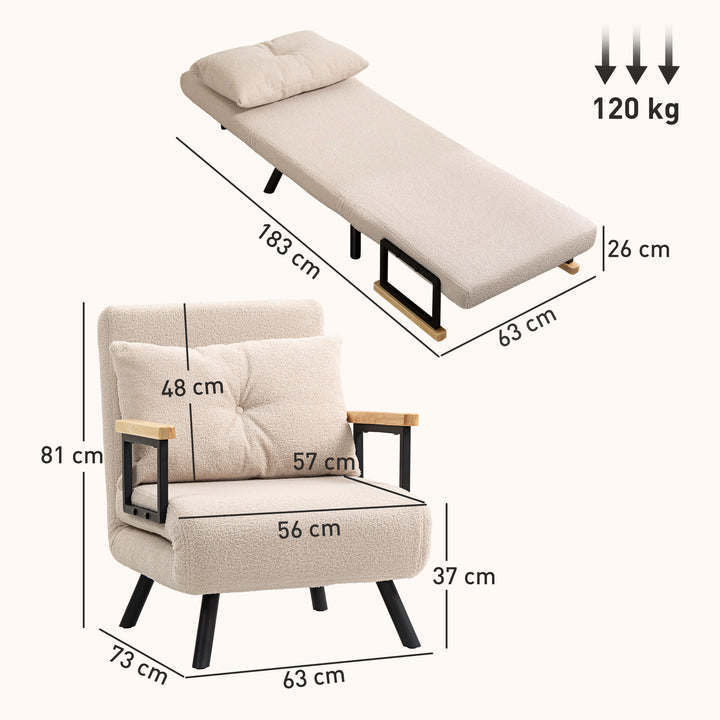 Poltrona Convertível em Cama Dobrável Poltrona 3 em 1 Convertível em Cama com Encosto Ajustável em 5 Níveis e Almofada Acolchoada para Escritório Sala de Estar Carga 120 kg 63x73x81 cm Bege
