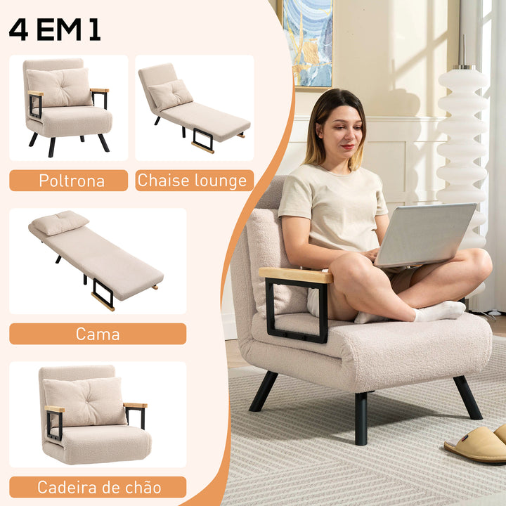 Poltrona Convertível em Cama Dobrável Poltrona 3 em 1 Convertível em Cama com Encosto Ajustável em 5 Níveis e Almofada Acolchoada para Escritório Sala de Estar Carga 120 kg 63x73x81 cm Bege