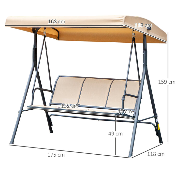 Baloiço de Jardim Exterior de 3 Lugares com Toldo Reclinável Baloiço de Jardim com Assento Respirável e Estrutura de Aço para Terraço ou Varanda 175x118x159 cm Bege