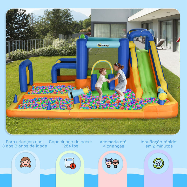 Castelo Insuflável Infantil 7 em 1 Castelo Insuflável para Crianças com Escorrega Piscina Parede de Escalada Insuflador e Bolsa de Transporte 430x420x200 cm Multicolorido