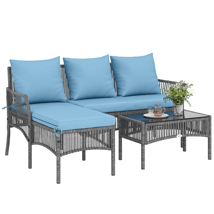 Conjunto de Jardim de Vime de 3 Peças Móveis de Jardim Exterior com Sofá de 2 Lugares Chaise Longue Mesa de Centro com Vidro Temperado Almofadas Resistente Azul Claro