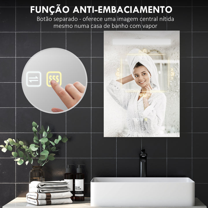 Espelho de Casa de Banho com Luz LED 70x50 cm Espelho de Casa de Banho de Parede com 3 Cores de Luz Função Antiembaciamento Função de Memória IP44